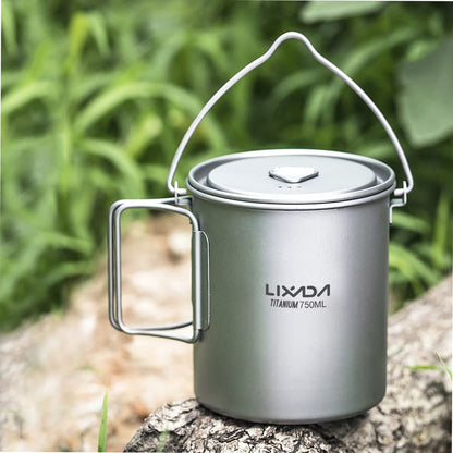 Lixada Ultralight Titanium Pot 750 ml Camping Frying Pan, foldable handle with lid for outdoor portable camping picnic water cup.