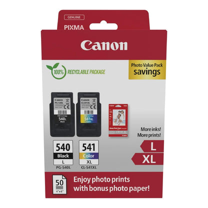 Canon Ink Cartridges & Paper Multipack - PG-540/CL-541XL Original Printer Cartridges 2-pack (1 x Black, 1 x Color) & 4x6 Photo Paper (50 Sheets)