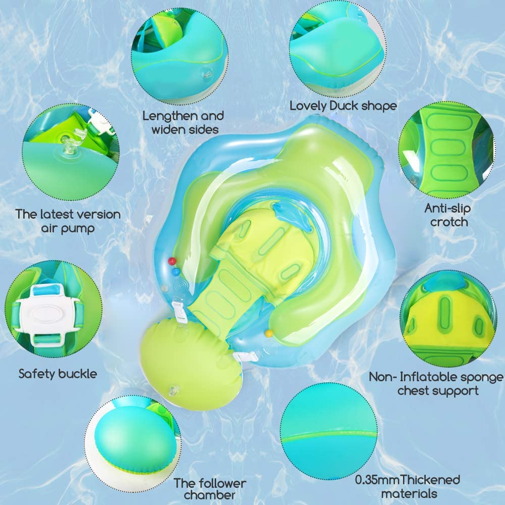 Baby swim ring with removable sun canopy, adjustable shoulder straps for sun protection. Inflatable swim ring for babies, swim trainer float for ages 3-36 months.