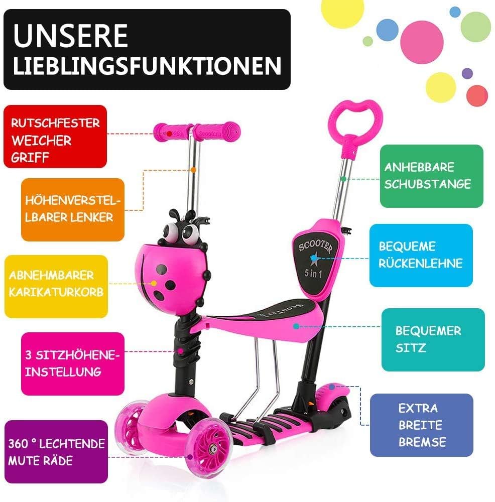 YOLEO 5-in-1 Kids Scooter with Removable Cartoon Basket Seat Push Handle LED Big Wheels Comfortable Backrest Height Adjustable Handlebar for Toddlers Boys Girls from 2 Years (Pink)