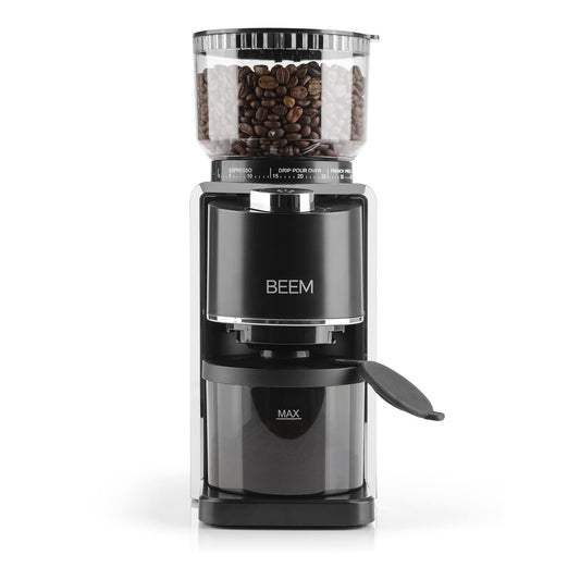 BEEM GRIND-PERFECT Electric Coffee Grinder - 250 g | 35 grind settings, conical burr grinder, adjustable dose with dial (2-12 cups) | Grind directly into portafilter with Ø 52-58 mm