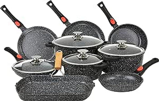 Kamberg 0008163 24-piece pot set, aluminum casting, stone coating, suitable for all stoves including induction stoves, detachable handle, PFOA free, 52 x 43 x 3 cm