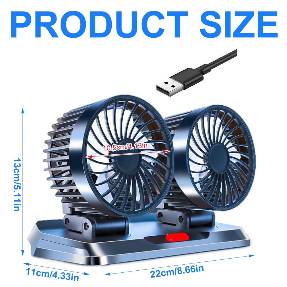 KUWUNG USB Car Fan, Dual Head 360° Rotatable USB Car Fan with 3 Speeds, Dual Fan Suitable with USB Interface for Car, RV, Home, Office, Camping