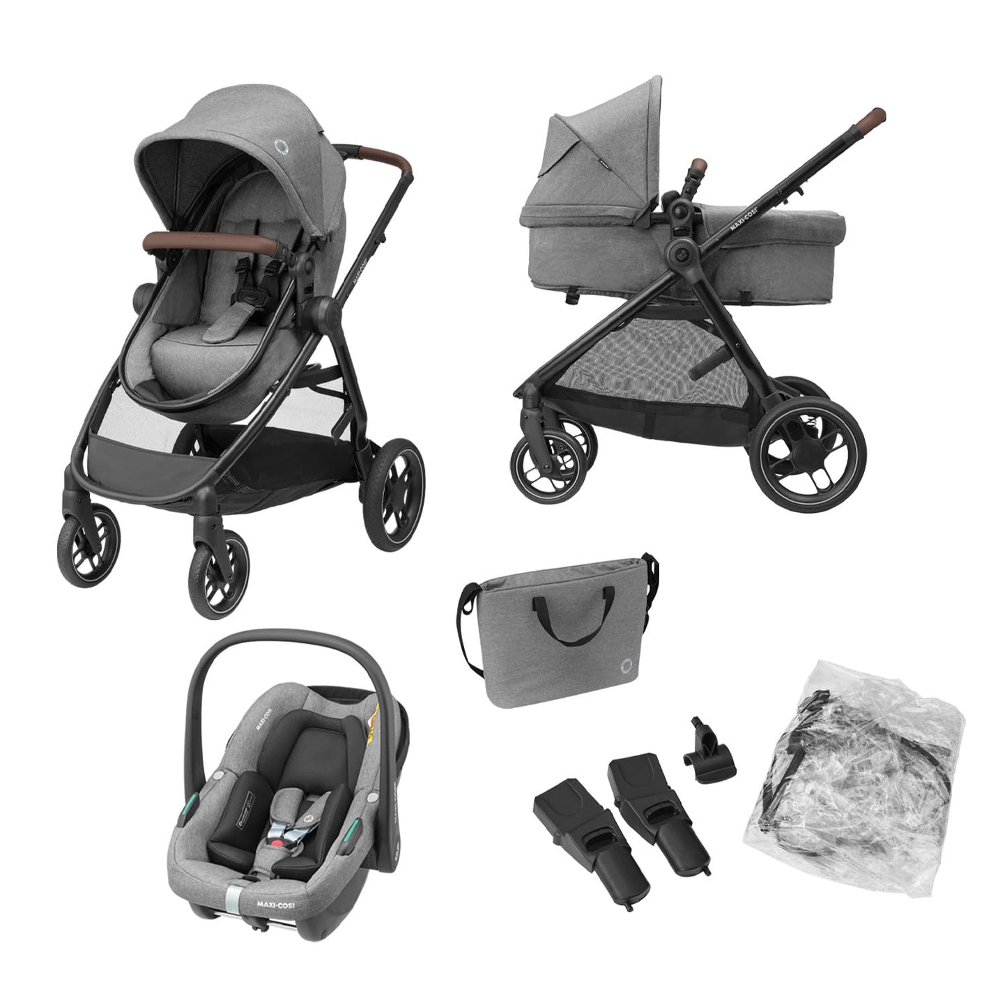 Maxi-Cosi Zelia S Trio stroller 3 in 1 set, 0-4 years, up to 22 kg, foldable, compact, adjustable baby stroller, with CabrioFix S i-Size car seat, accessories, diaper bag, gray