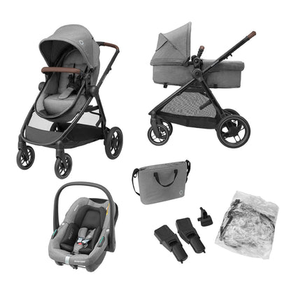 Maxi-Cosi Zelia S Trio stroller 3 in 1 set, 0-4 years, up to 22 kg, foldable, compact, adjustable baby stroller, with CabrioFix S i-Size car seat, accessories, diaper bag, gray