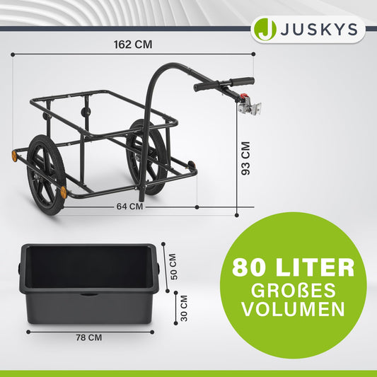 Juskys Bike Trailer 90 liters - Cargo trailer with hitch, drawbar - Trailer for bicycle 40/80 kg payload - Transport trailer with protective cover.