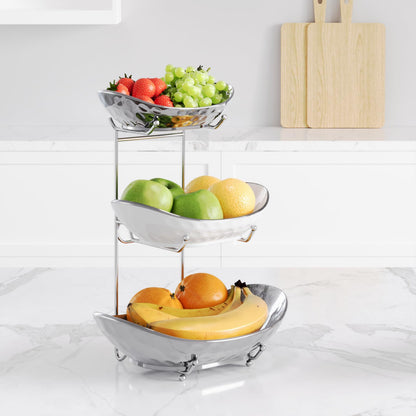 Acliy's 3-tier ceramic fruit bowl for kitchen, perfect for storing fruits and vegetables, snacks, nuts, desserts, and cakes. Great for parties and weddings.