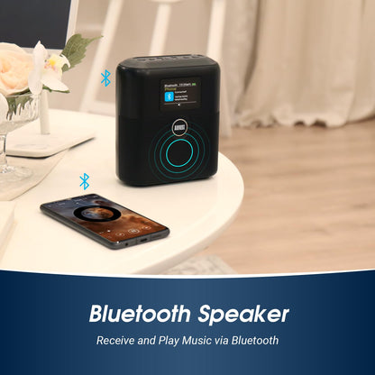 August MB330 Rechargeable DAB+/FM Radio with Bluetooth Speaker - portable clock radio with dual alarm, sleep timer, snooze, LCD color display, EQ, RDS, 60 presets. Digital radio with battery AUX-In/Out.