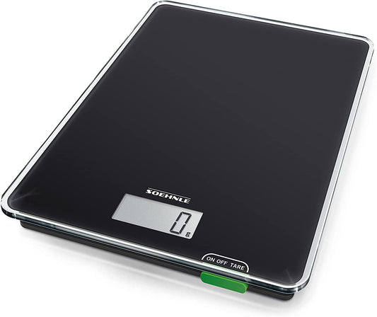 Soehnle Page Compact 100, digital kitchen scale, weight up to 5 kg (accurate to 1 g), household scale with convenient tare function, electronic scale including batteries, compact size, black.