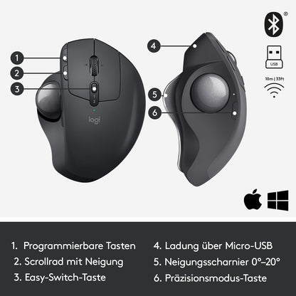 Logitech MX Ergo Wireless Ergonomic Trackball Mouse, 2.4GHz connection via Unifying USB receiver, 4-month battery life, adjustable angle, multi-device, PC/Mac/iPadOS - Graphite