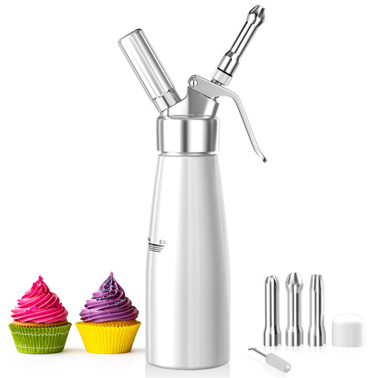 Newaner 500ml cream dispenser, cream syphon aluminum with 3 stainless steel decorative nozzles and 1 cleaning brush, leak-proof cream siphon for preparing whipped cream, cream, mousse, and desserts.