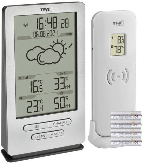 TFA Dostmann Wireless Weather Station Xena, 35.1162, with outdoor sensor, indoor and outdoor temperature, weather forecast, including radio-controlled clock, air humidity, for standing/hanging (silver with batteries)