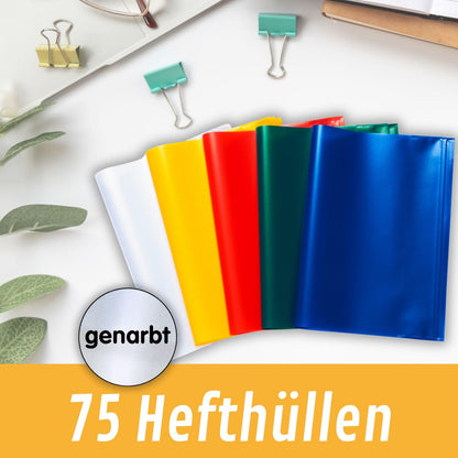perfect line - 75 notebook covers A5, 5 colors - notebook cover transparent embossed - notebook protectors made of recyclable PP, document-proof (3 sets (3 x 25 pcs.)