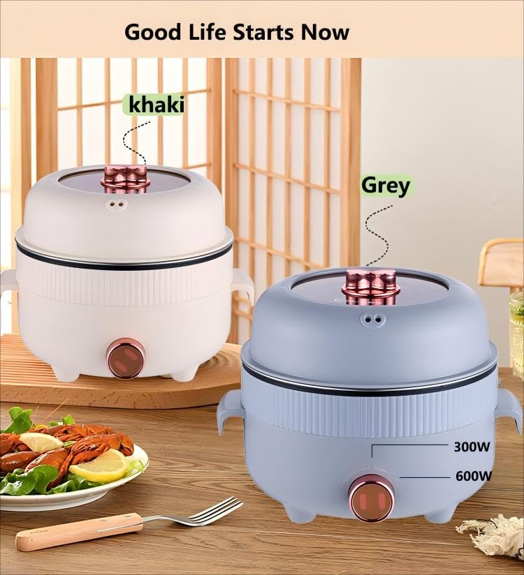 RHD Electric Hot Pot 2.2L with Steamer, Portable Non-Stick Frying Pan, Travel Cooker for Frying/Ramen/Fondue/Soup for Dorm/Camping/Home, Dual Power Control, Overheat Protection