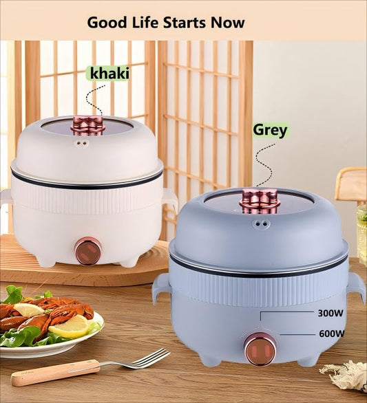 RHD Electric Hot Pot 2.2L with Steamer, Portable Non-Stick Frying Pan, Travel Cooker for Frying/Ramen/Fondue/Soup for Dorm/Camping/Home, Dual Power Control, Overheat Protection