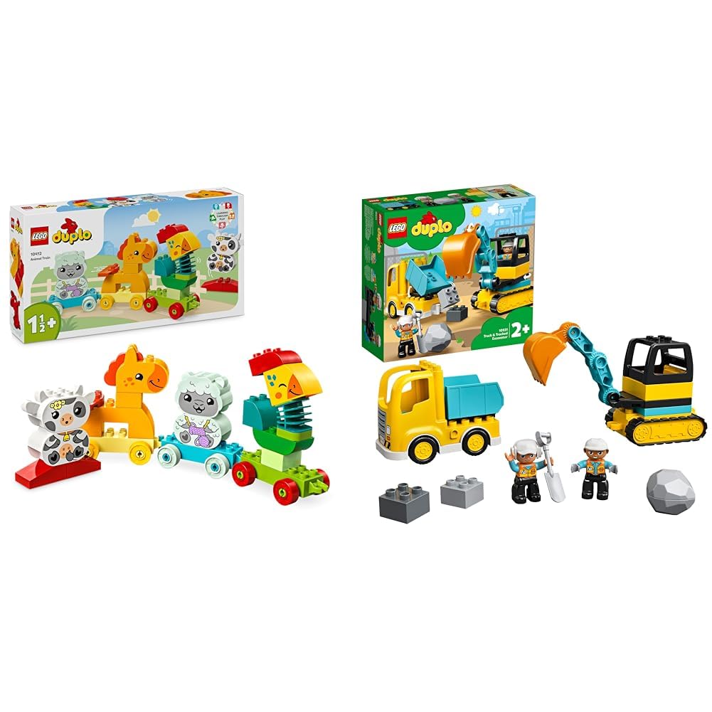 LEGO DUPLO Animal Train, train toy with wheels, creative animal figures to build and rebuild & DUPLO Excavator and Truck toy with construction vehicle.