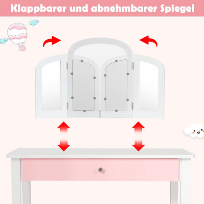 GOPLUS 2 in 1 Kids Vanity Table, Dressing Table & Chair, Makeup Table with Removable 3-Fold Mirror & Drawer, Padded Stool, made of wood, in country style, Children's Vanity Table for Girls (White)