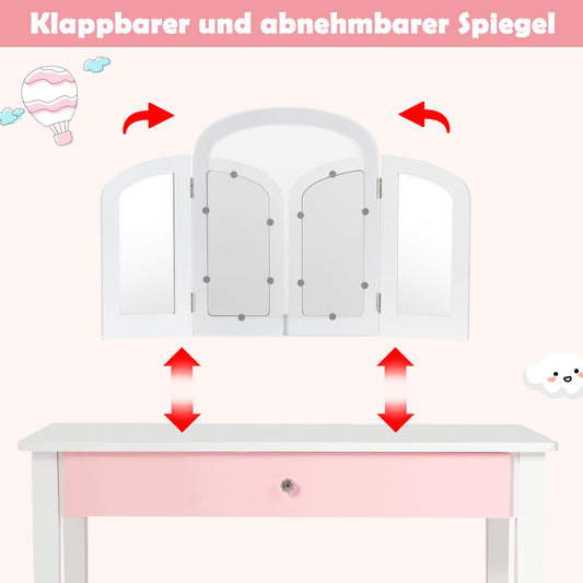 GOPLUS 2 in 1 Kids Vanity Table, Dressing Table & Chair, Makeup Table with Removable 3-Fold Mirror & Drawer, Padded Stool, made of wood, in country style, Children's Vanity Table for Girls (White)