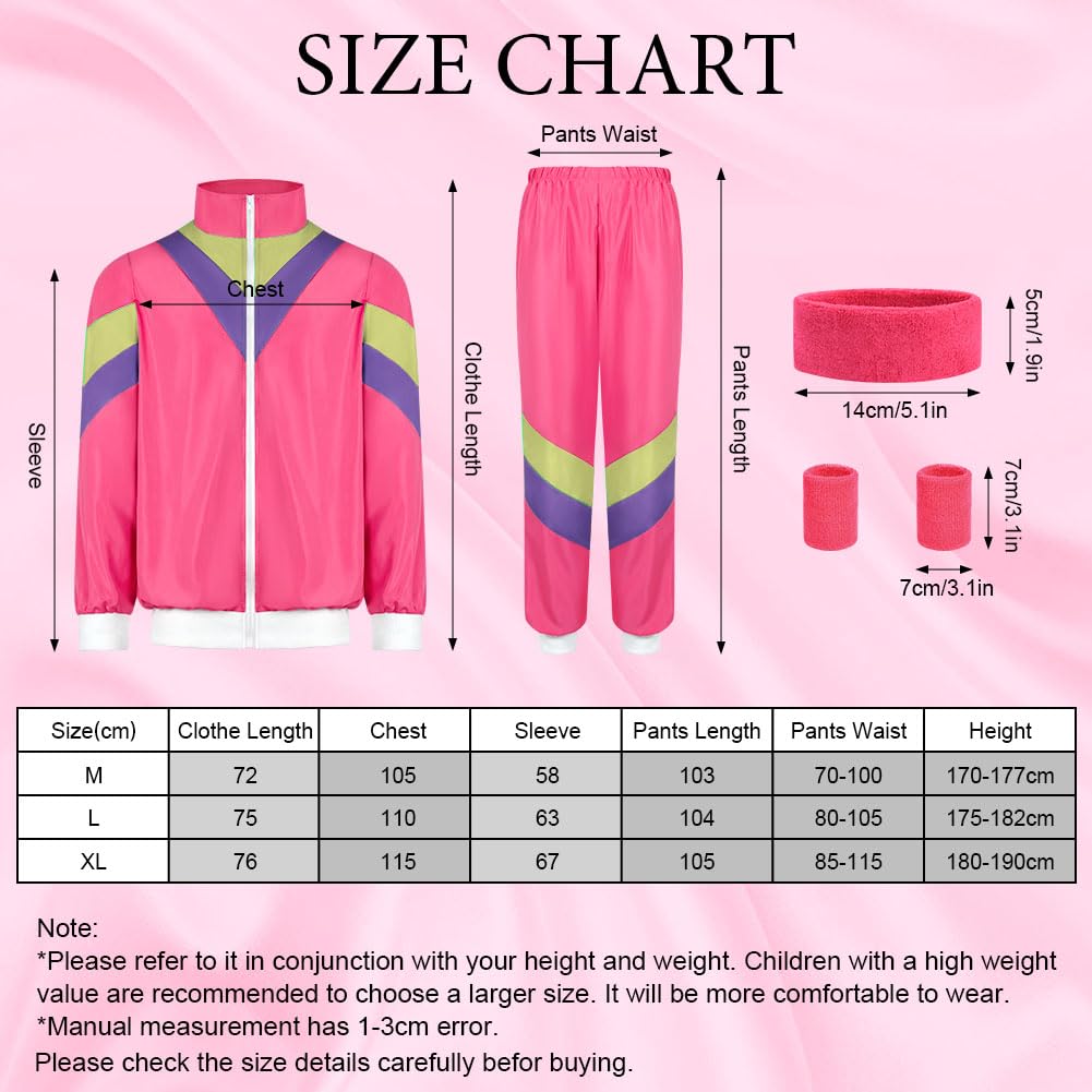 Aomig 90s 80s Costume for Adults, Retro Tracksuit for Men Women, Disco Jumpsuit, Matching Outfit Jacket and Pants 80s Party Bad Taste for Themed Party Carnival (Pink-L)