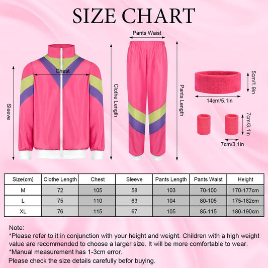 Aomig 90s 80s Costume for Adults, Retro Tracksuit for Men Women, Disco Jumpsuit, Matching Outfit Jacket and Pants 80s Party Bad Taste for Themed Party Carnival (Pink-L)