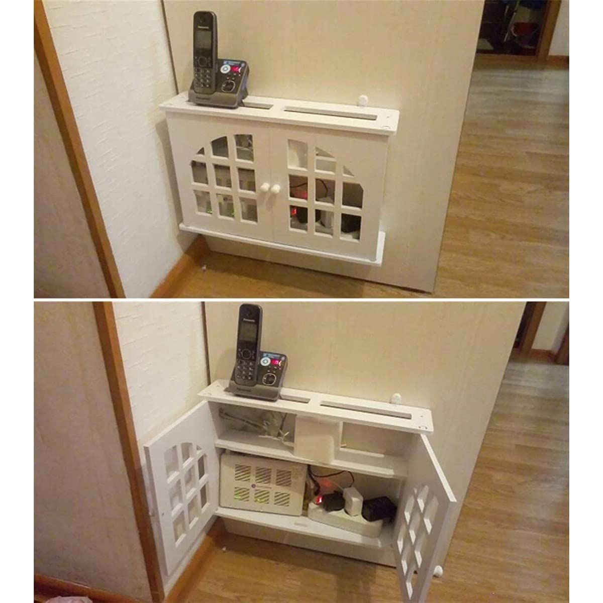 PPGE Home Router Storage Box White, Hide Wall TV Cables, Wood and Plastic Wall Shelf, Cable Management, Floating Shelf, Cable Organizer, WiFi Router Storage