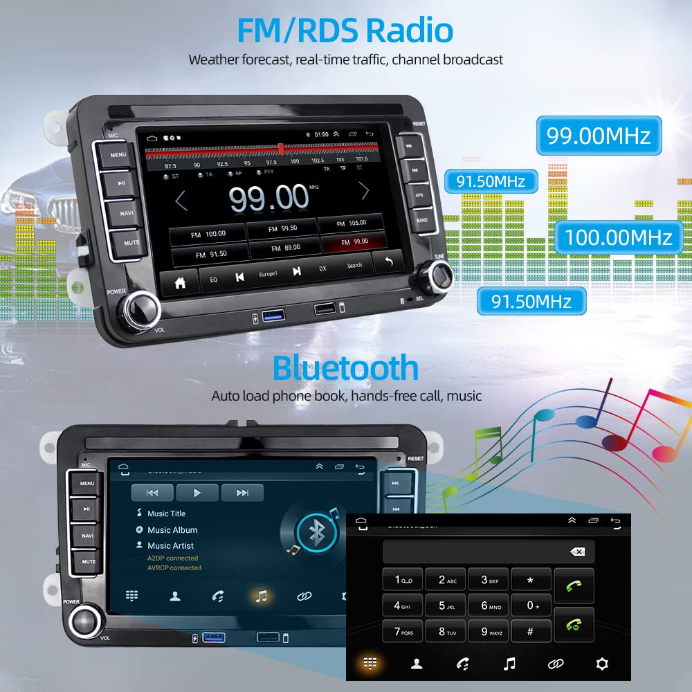 Podofo car radio for VW Golf 5 6 Polo Seat Skoda Passat B6 radio with wireless Apple CarPlay Android Auto Android 7 inch car radio with screen Bluetooth/HiFi/WLAN/GPS/RDS radio + backup camera.