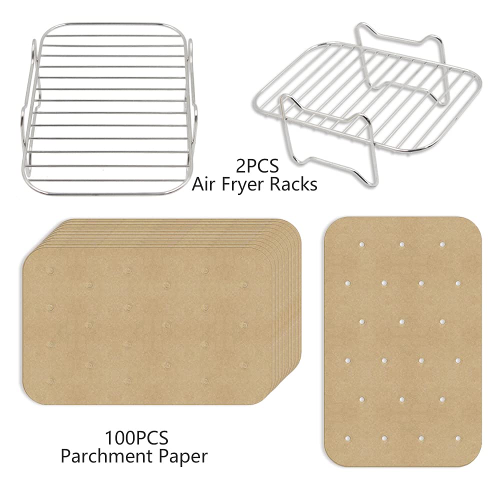 2 pieces of 304 stainless steel air fryer grill rack with 100 pieces of parchment paper compatible with Ninja Foodi AF300EU AF400EU, Dehydrate Rack Set for Dual Zone Air Fryer, Sheets