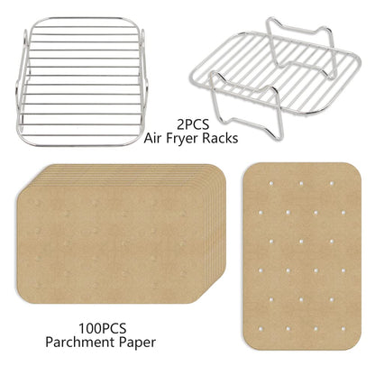 2 pieces of 304 stainless steel air fryer grill rack with 100 pieces of parchment paper compatible with Ninja Foodi AF300EU AF400EU, Dehydrate Rack Set for Dual Zone Air Fryer, Sheets