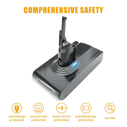 State-of-the-art 21.6V, 4500mAh Li-ion battery replacement for Dyson V8 SV10 vacuum cleaners. Compatible with Dyson V8 Absolute, Fluffy, Animal SV10 models. Comes with 2 filters.