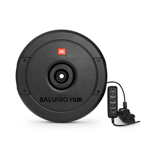 JBL BassPro Hub 11" Spare Tire Active Subwoofer Set - 300 Watt car subwoofer with built-in amplifier and fiberglass woofer for spare tire hub, Black
