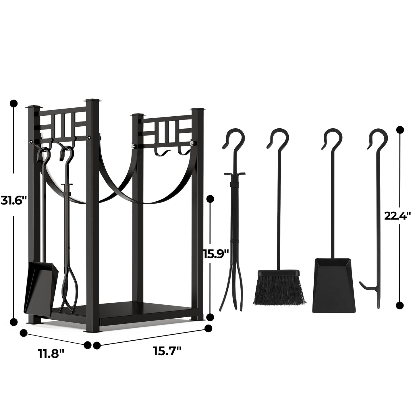 Amagabeli Firewood Rack with 4 Fireplace Tools 80cmx40cmx30cm for Indoor Outdoor Log Holder with High Firewood Rack Fireplace Wood Storage Stacking with Wrought Iron Tools Black