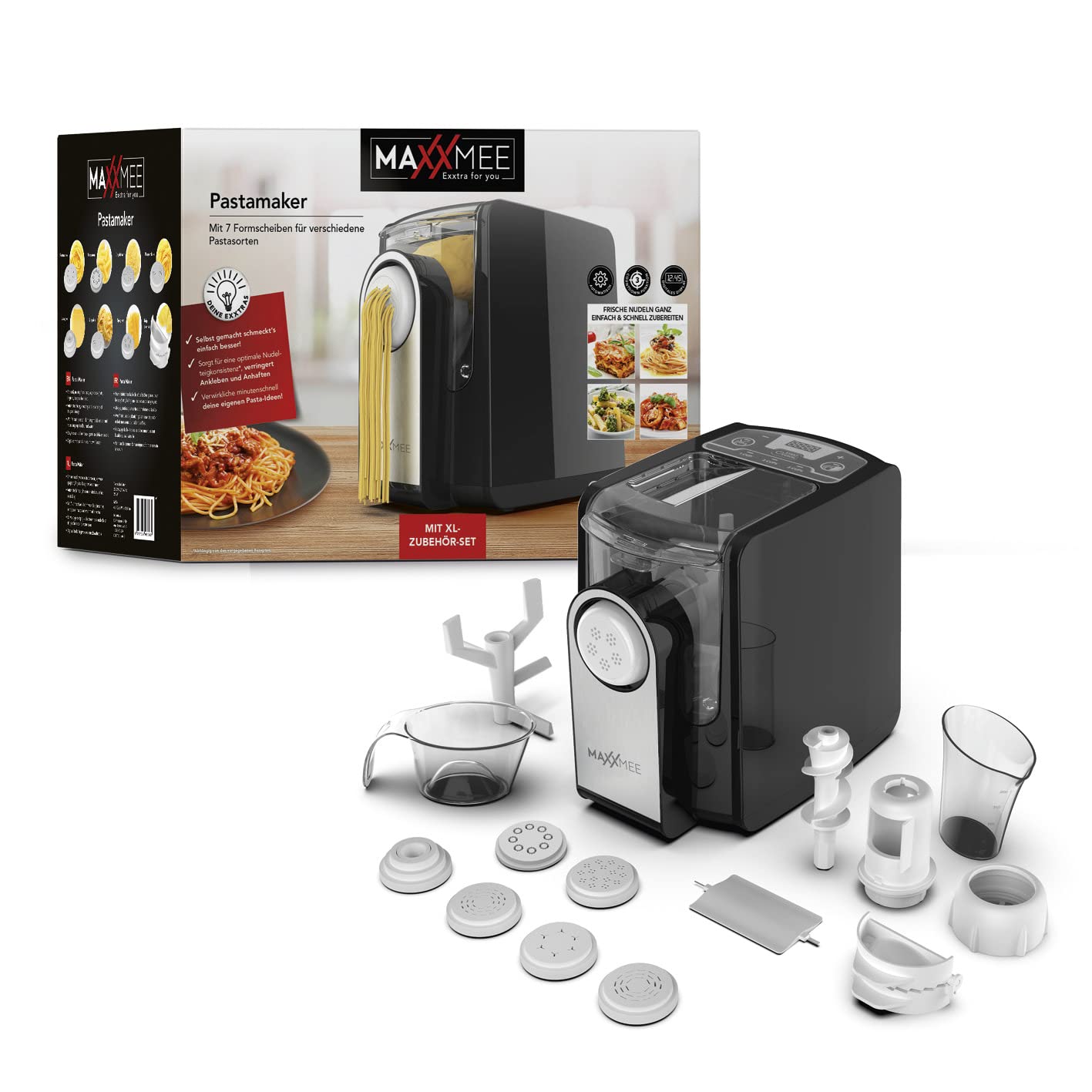 MAXXMEE Pasta Maker with 7 shaping discs for different types of pasta | Easy creation of fresh pasta | Digital control panel and countdown function | 30.7 x 19.8 x 26.3 cm [PP, silicone, PVC]