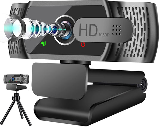 Full HD 1080P webcam with microphone and tripod, automatic light correction, Neefeaer USB PC webcam with cover, 97° wide angle, PC camera for PC, laptop, computer, Linux, Mac