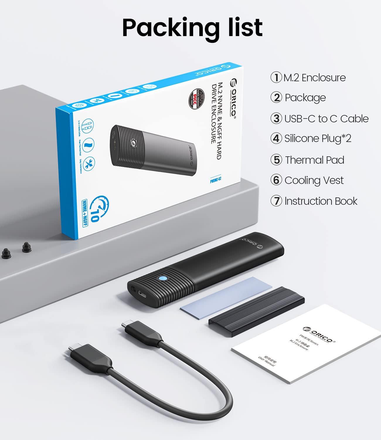 ORICO NVMe enclosure M.2 SATA SSD adapter, USB 3.2 Gen 2 10Gbps PCIe, 5Gbps NGFF M.2 SATA B+M Key 2230/2242/2260/2280, Aluminum external M.2 case support UASP Trim, tool-free PWDM2-BK.
