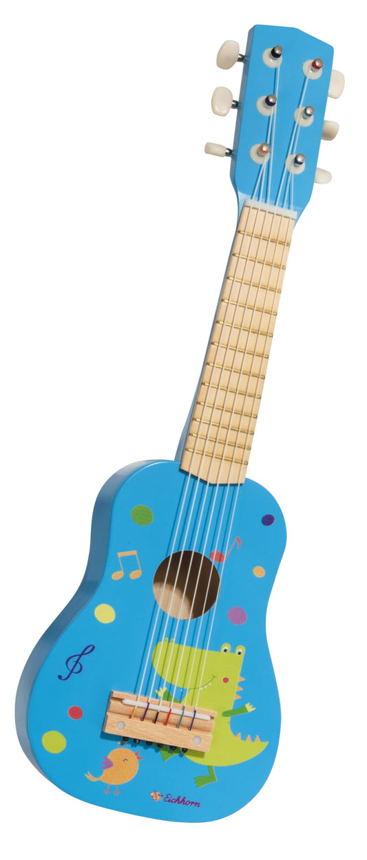 Squirrel - Guitar for Kids - Blue children's guitar, tunable nylon strings, wooden toy, with dinosaur, wooden guitar for boys and girls from 3 years old.