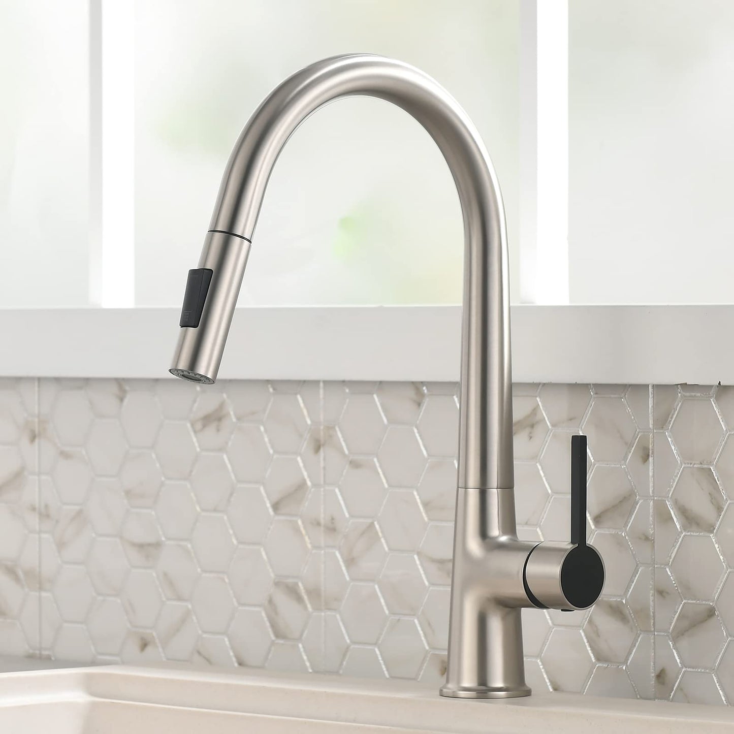 TIMACO High Pressure Kitchen Faucet, Pull Down Kitchen Faucet, Kitchen Sink Faucet 360° Rotatable, Kitchen Mixer Tap with Sprayer, Sink Tap with Two Flow Patterns, 304 Stainless Steel, Brushed Nickel