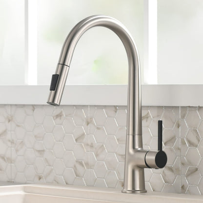 TIMACO High Pressure Kitchen Faucet, Pull Down Kitchen Faucet, Kitchen Sink Faucet 360° Rotatable, Kitchen Mixer Tap with Sprayer, Sink Tap with Two Flow Patterns, 304 Stainless Steel, Brushed Nickel