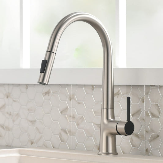 TIMACO High Pressure Kitchen Faucet, Pull Down Kitchen Faucet, Kitchen Sink Faucet 360° Rotatable, Kitchen Mixer Tap with Sprayer, Sink Tap with Two Flow Patterns, 304 Stainless Steel, Brushed Nickel