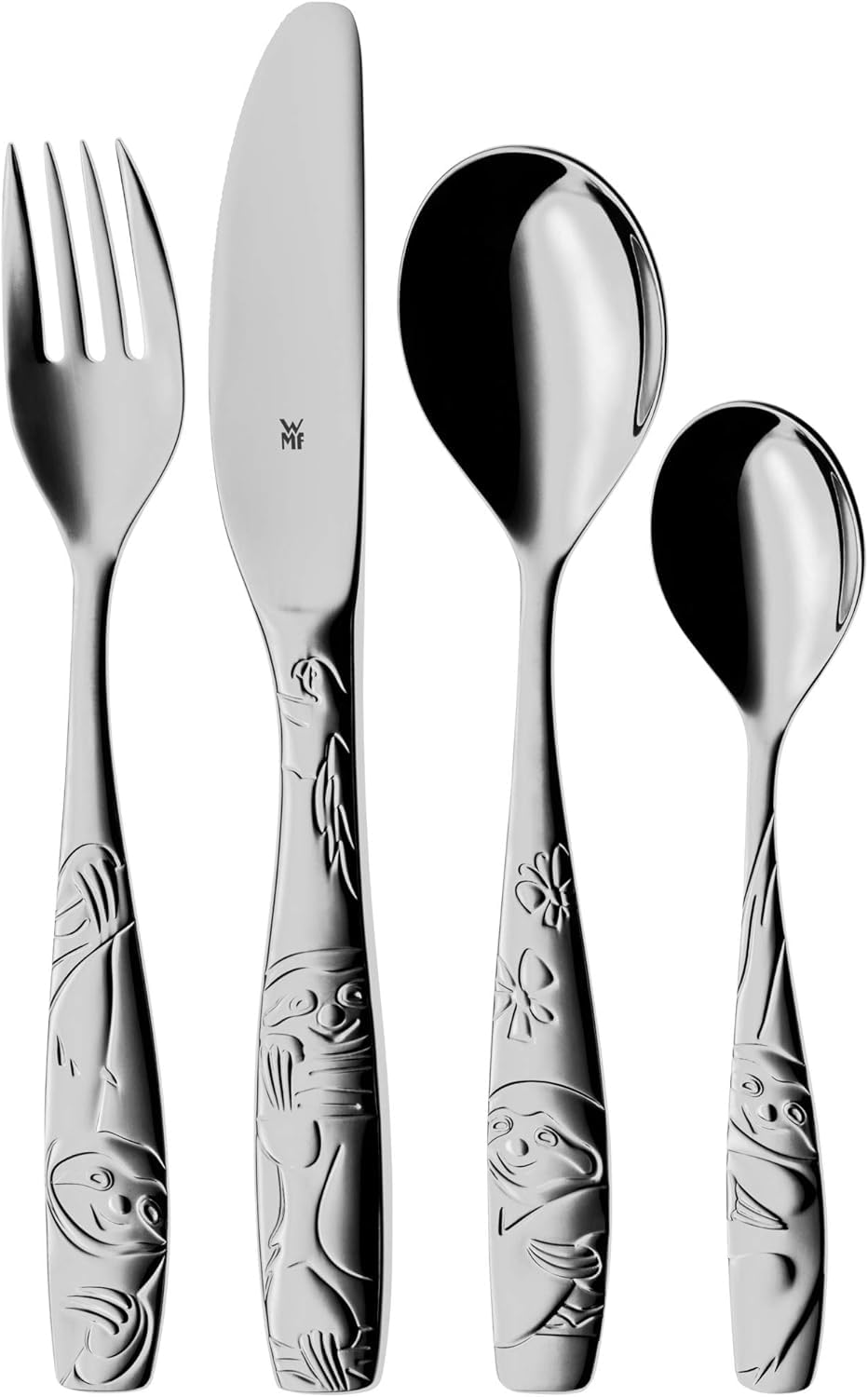 WMF Animal Kids' Cutlery Set 4-piece & Sloth Kids' Cutlery Set 4-piece, kids' cutlery stainless steel, suitable for children age 3 and up, polished Cromargan, dishwasher safe