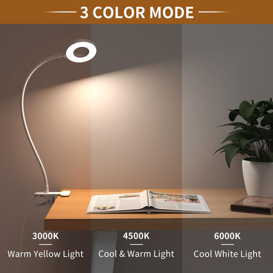 iZELL 23 LED Reading Light for Bed Dimmable -【3 Modes & 10 Brightness Levels】 Eye Protection Clip-on Lamp with 70cm Flexible Gooseneck, Book Light, Desk Lamp with 10W USB Charger, White