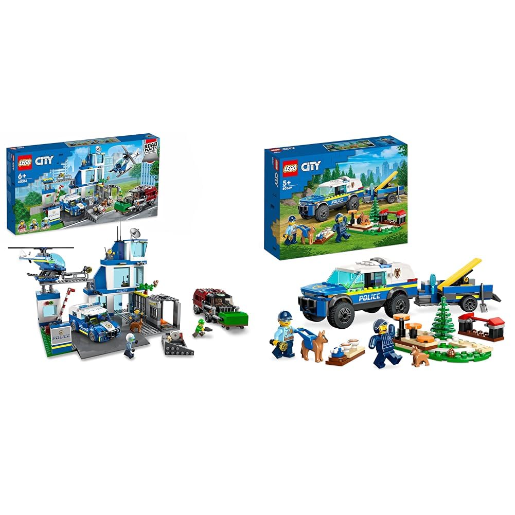 LEGO City Police Station with police car, garbage truck, and helicopter & City Mobiles Police Dog Training, police car toy with trailer