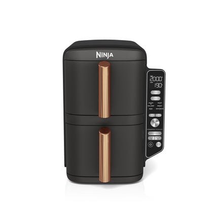 Ninja Double Stack XL Air Fryer, 2 vertical drawers, 4 cooking levels, space-saving design, 9.5L capacity, 6 functions, 8 portions, tongs, Black/Copper SL400EUCP