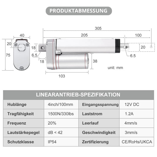 Justech linear motor linear drive 12V spindle drive actuator adjustable drive gate opener linear actuator motor DC 1500N 100mm linear technology electric motor putter DC motor for car furniture etc.