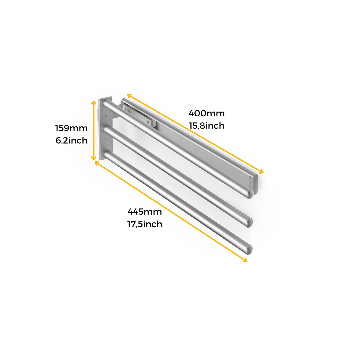 Emuca - Extendable towel holder, 3 arms, towel rack for kitchen or bathroom, 440 mm, aluminum, Matt anodized