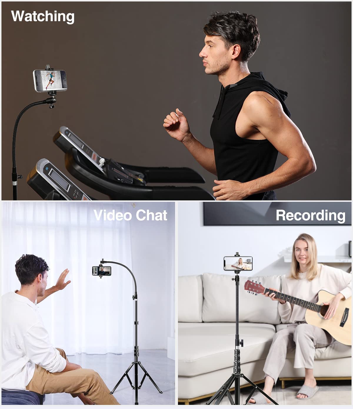 Elitehood 205cm tall phone tripod, flexible overhead iPhone tripod with 43cm adjustable gooseneck, heavy-duty aluminum tripod for iPhone 14 13 12 Pro Max Mini/Android smartphone