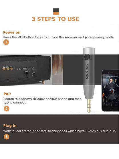 MaedHawk Aux Bluetooth Adapter Car, BT5.0 Audio Receiver, 3.5mm Aux in Car Kit (Hands-free calls, Dual connection with 2 smartphones) For car radio music, headphones, speakers-BTR005