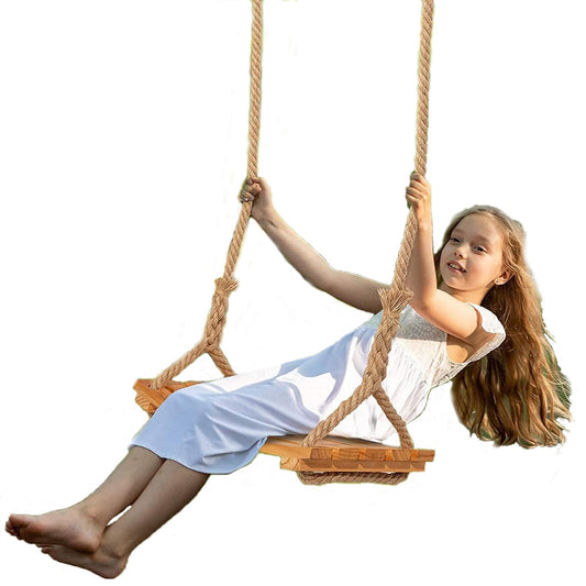 Wooden swing seat for adults kids, outdoor wooden swing with adjustable hemp rope for indoor and outdoor use. Extra wide seat tree swing 19 x 9.8 inches Capacity: 200KG.