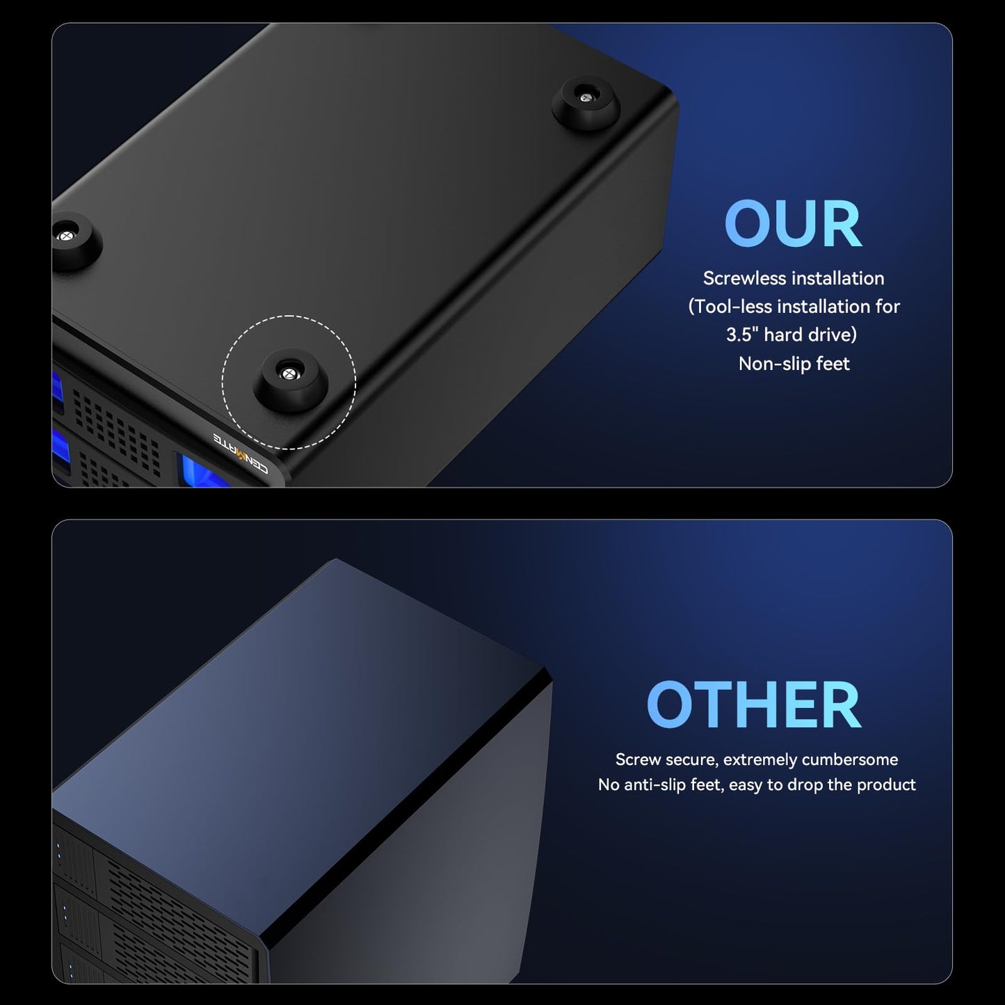 CENMATE Aluminum External Hard Drive Enclosure with Two Bays, Fan for 2.5"/3.5" SATA HDD/SSD with USB A/C 3.0, Tool-Free, Daisy Chain Expansion, DAS (NO RAID/NAS).