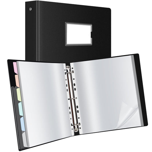 Uquelic presentation book, ring binder with 80 clear pockets A4 crystal clear (50 microns) and 6 macaron-colored PP dividers, folder organizer for documents, certificates, portfolio, black