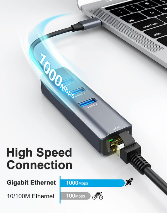 ABLEWE USB C Ethernet Hub, 4 in 1 USB C to Ethernet Adapter with 3 USB 3.0 ports and RJ45 Gigabit Ethernet LAN Network Adapter for MacBook, MacBook Pro, Chromebook Pixel, Laptop, and more devices.